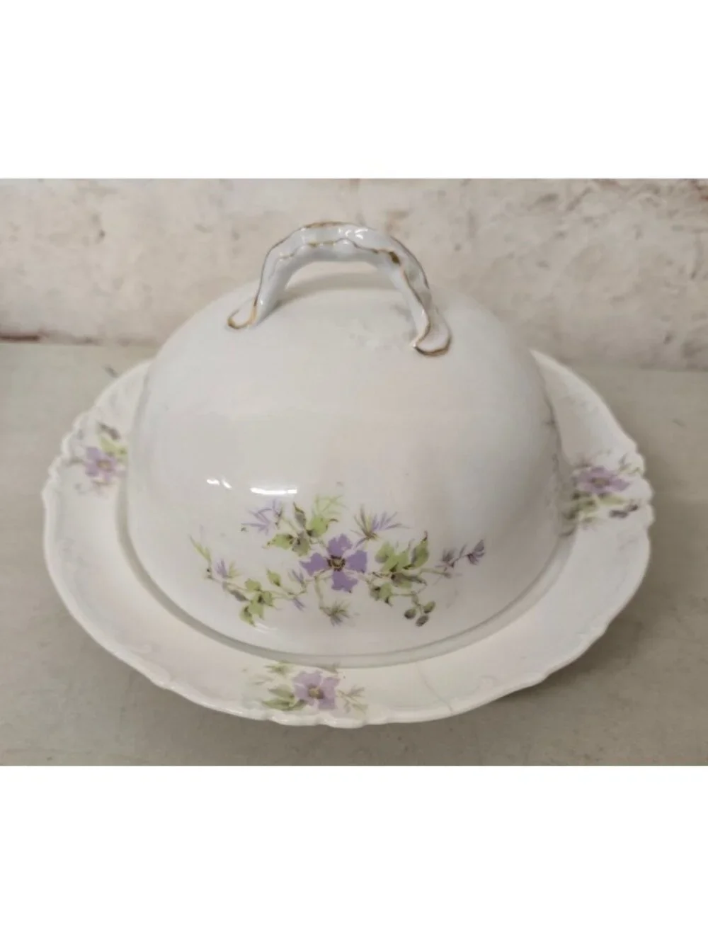 Antique Ceramic Covered Butter Dish Purple Floral Design Perforated Insert Plate